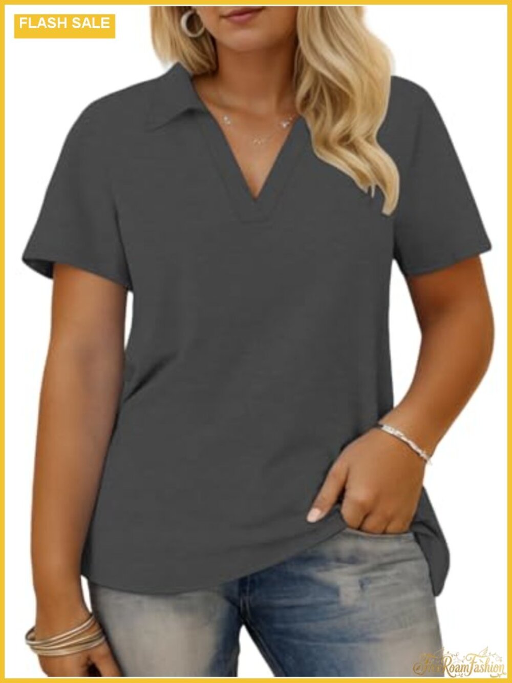 Plus Size Womens Collared V Neck Polo Shirt Short Sleeve Flowy Tunic, 3XL